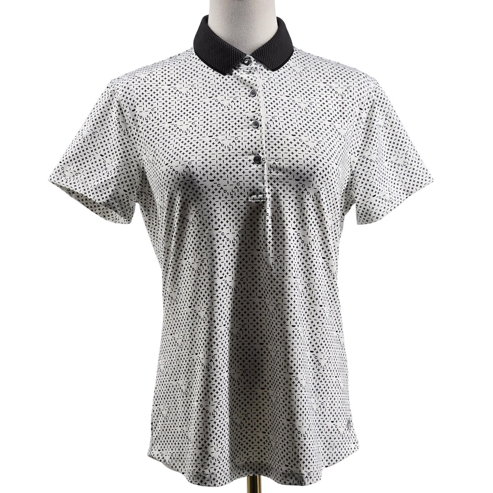 Greyson‎ Polo Womens M White Geometric Collared Short Sleeve Stretch Athletic